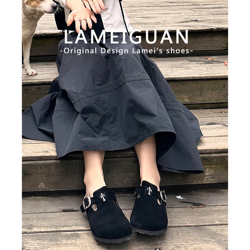 复古十字花皮带扣厚底勃肯鞋女外穿2026夏季新款黑色一脚蹬包头拖