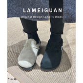 牛皮版 真皮加绒勃肯鞋 沙色复古厚底包头毛毛拖鞋 女外穿2025新款