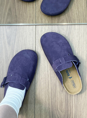 牛皮版！紫色厚底软木勃肯鞋女外穿2025秋季懒人一脚蹬包头半拖鞋