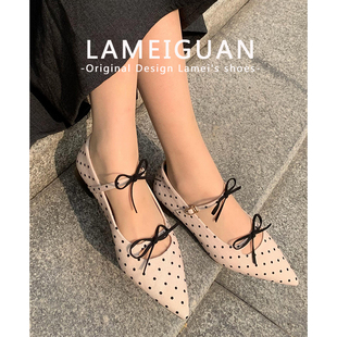 法式尖头蝴蝶结波点内增高单鞋女2026春季新款杏色气质浅口玛丽珍