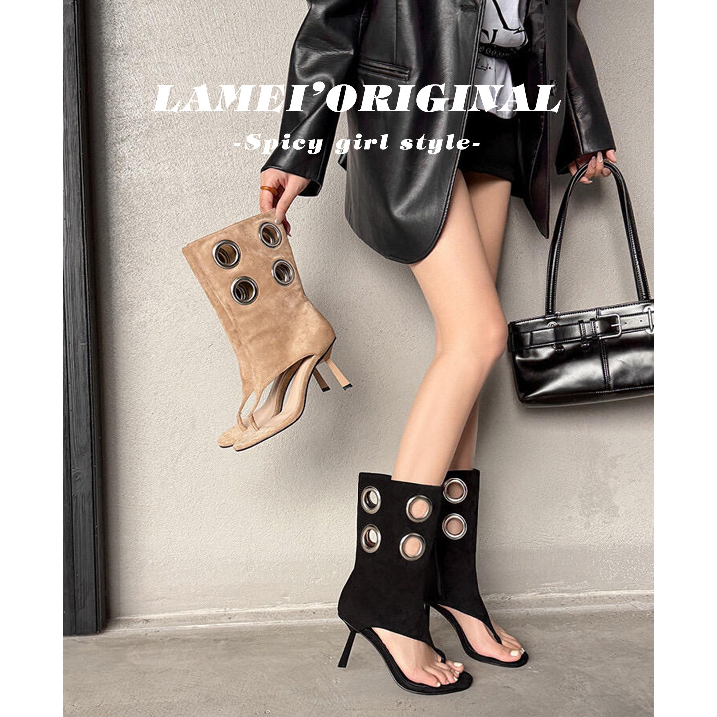 性感镂空圆环夹趾高跟凉靴女2026新款黑色绝美细跟配裙子露趾短靴