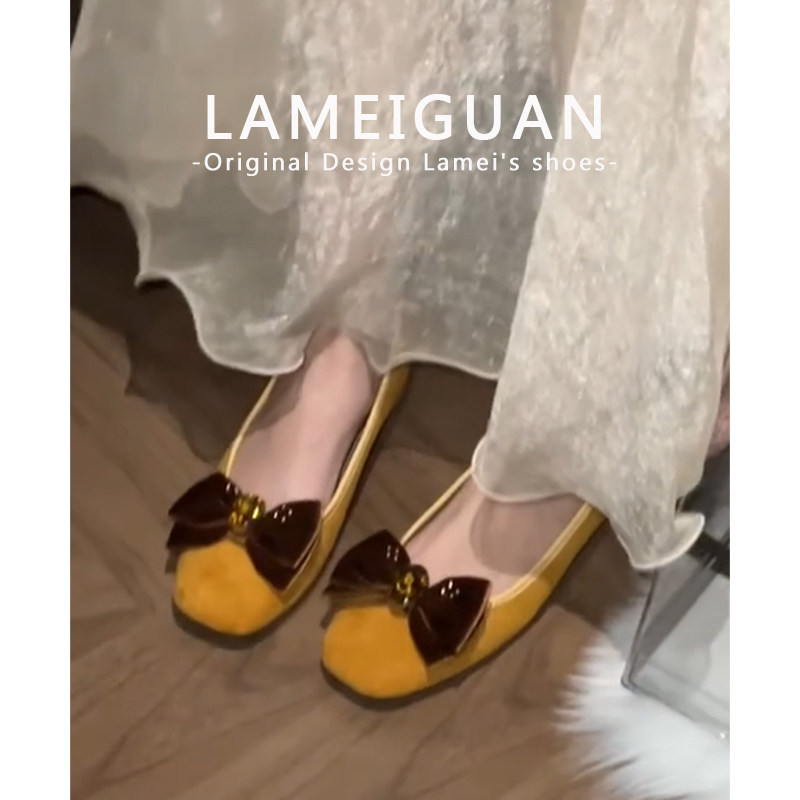 法式水钻蝴蝶结圆头平底单鞋女2026新款绝美浅口配裙子新娘鞋婚鞋