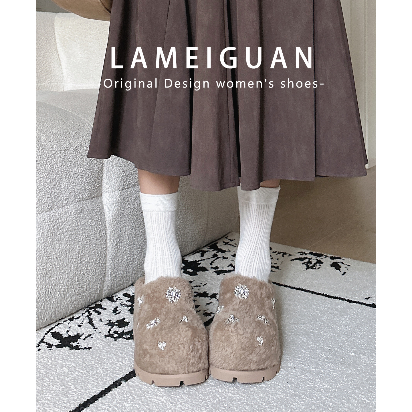 复古水钻松糕厚底包头毛毛拖鞋女