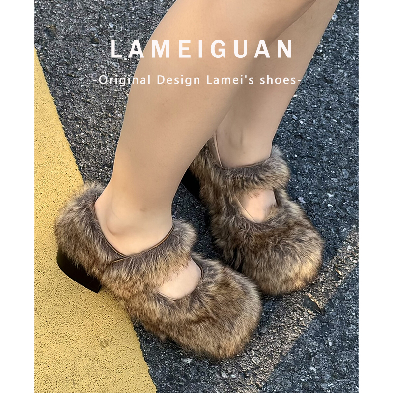 棕色复古水貂毛毛粗跟玛丽珍鞋女