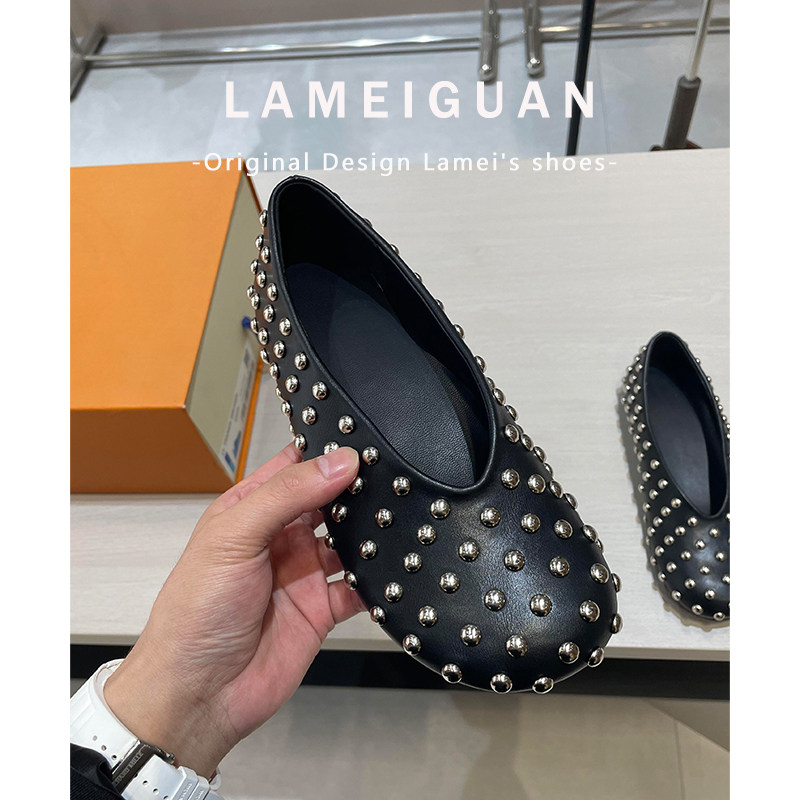 复古金属铆钉平底圆头单鞋女2026春季新款黑色浅口一脚蹬芭蕾舞鞋,女鞋,浅口单鞋,淘宝优惠券,粉丝福利购,淘宝优惠卷