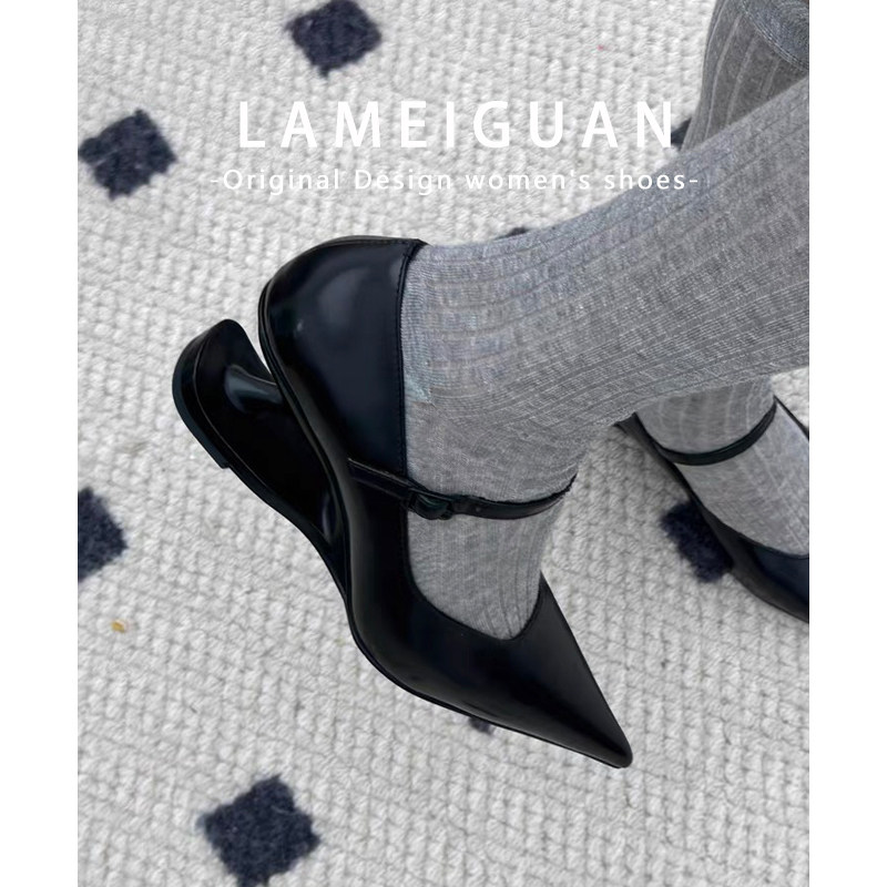 黑色复古风玛丽珍高跟鞋女2025秋冬新款悬浮异形跟一字带尖头单鞋,女鞋,玛丽珍鞋,淘宝优惠券,粉丝福利购,淘宝优惠卷