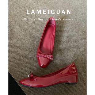 绝美圆头一脚蹬高跟鞋 女春2026新款 蝴蝶结浅口内增高红色单鞋 法式