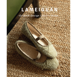 法式气质蝴蝶结平底毛毛单鞋女2025秋冬新款浅口圆头加绒玛丽珍鞋