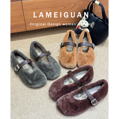 复古皮带扣平底玛丽珍毛毛鞋女冬