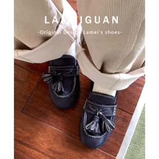 马毛流苏深口平底乐福鞋女2026新款复古蓝色一脚蹬圆头小皮鞋单鞋