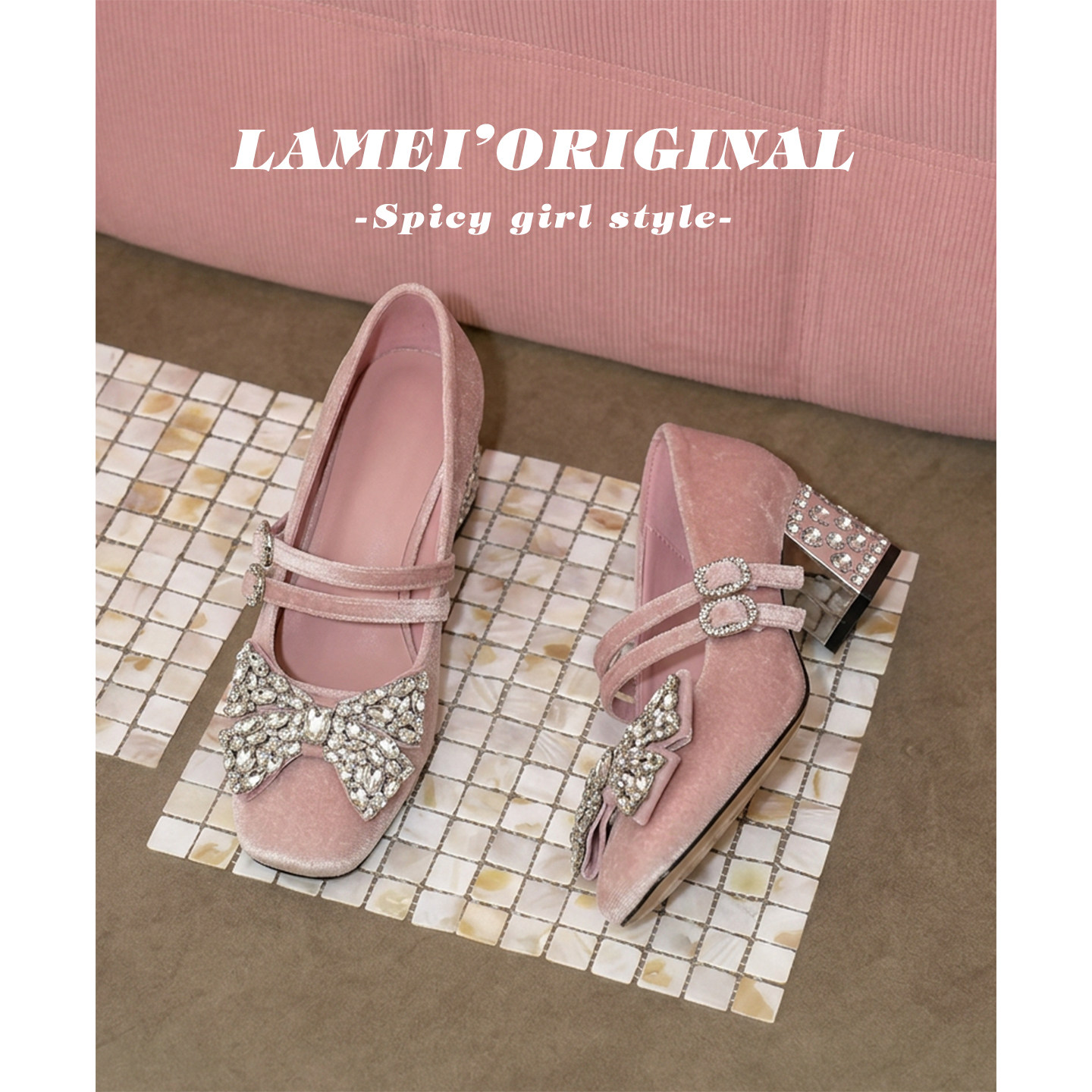 粉色气质水钻蝴蝶结扣带粗跟玛丽珍鞋女2026新款法式方头高跟单鞋