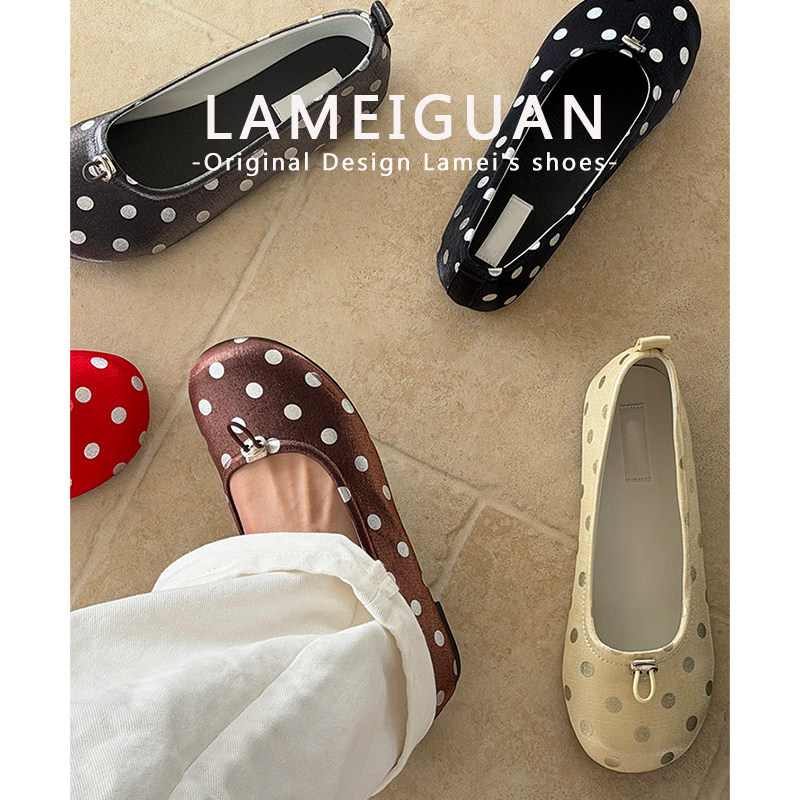 棕色法式浅口波点玛丽珍单鞋女2026春季新款复古圆头平底芭蕾舞鞋