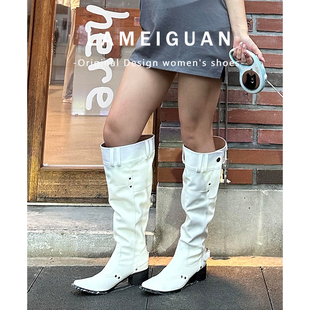 新款 小众白色铆钉大筒围堆堆骑士靴女2025秋季 粗跟胖MM高跟长筒靴