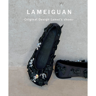 法式蝴蝶结水钻圆头平底单鞋女2026春季新款复古黑色浅口芭蕾舞鞋