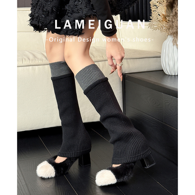 法式小香风浅口毛毛高跟鞋小个子