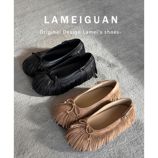 法式内增高流苏蝴蝶结浅口小个子单鞋女春2026新款复古棕色平底鞋