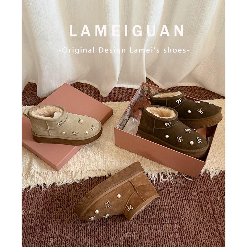 复古水钻蝴蝶结加绒厚底雪地靴女