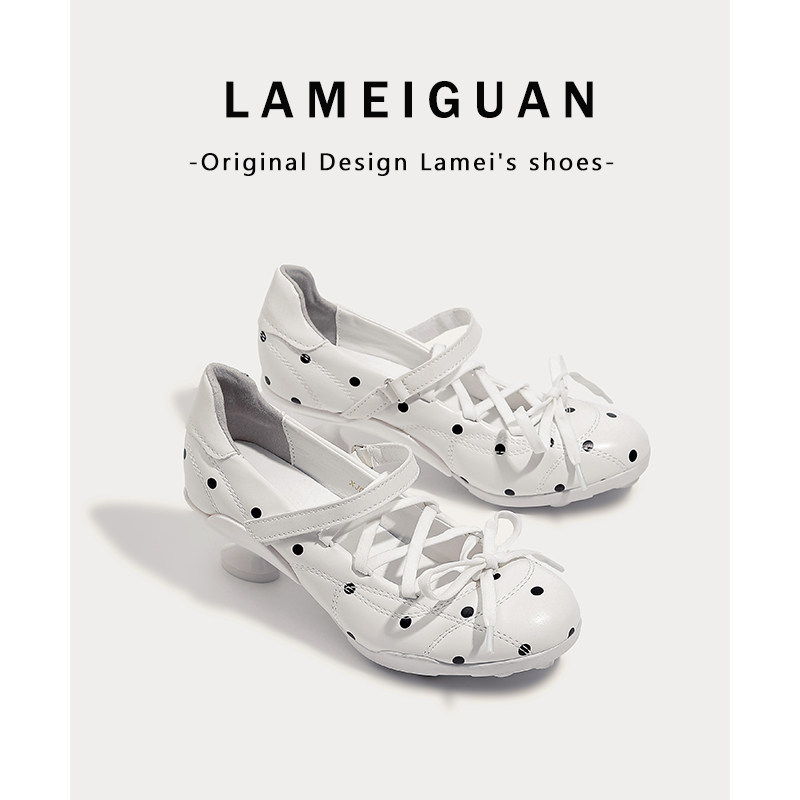 绝美波点系带猫跟玛丽珍高跟鞋女春2026新款白色法式浅口圆头单鞋