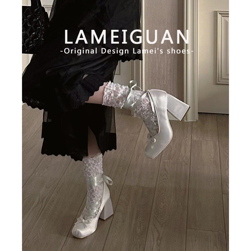 甜美公主风方头绑带Lolita高跟鞋女2026新款白色浅口粗跟玛丽珍鞋