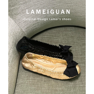 法式蝴蝶结金色漆皮软平底单鞋女2026春季新款气质圆头浅口芭蕾鞋