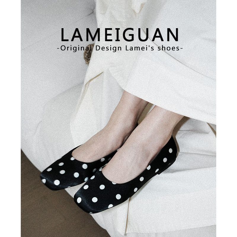 法式黑色波点方头芭蕾舞鞋女2026春季新款复古浅口一脚蹬平底单鞋