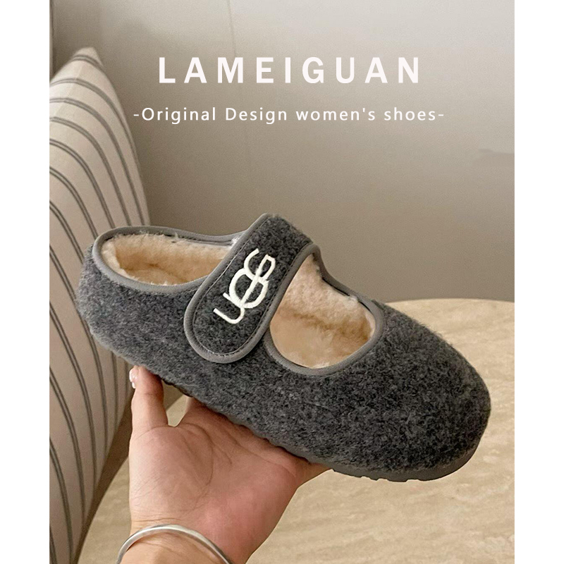 复古魔术贴羊羔毛毛玛丽珍单鞋女
