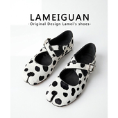 法式 白色浅口平底单鞋 马毛斑点交叉扣带分趾玛丽珍鞋 女春2026新款