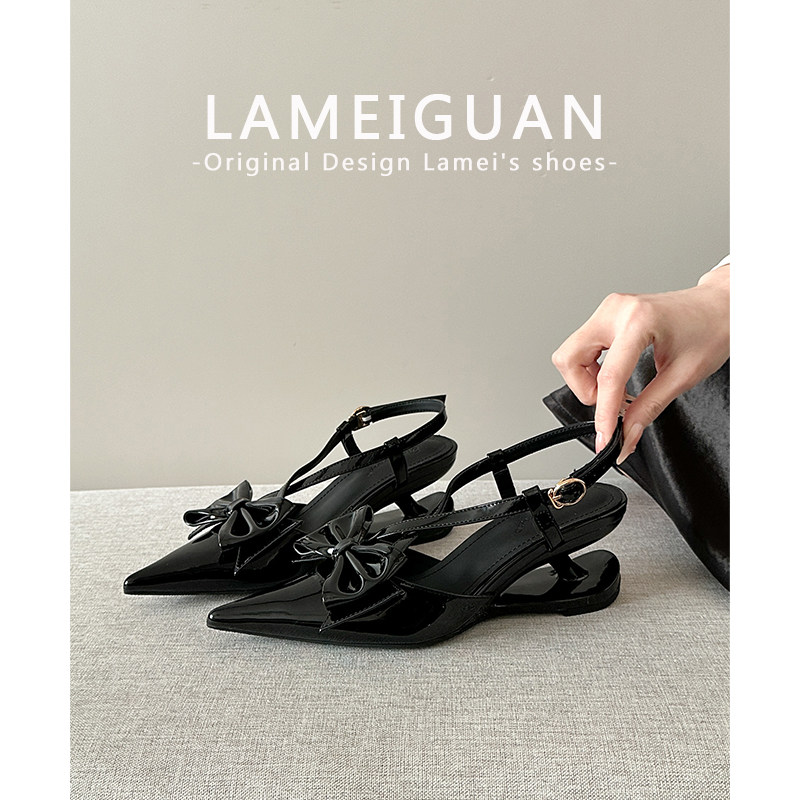 法式尖头蝴蝶结悬浮跟黑色凉鞋女2026春季新款绝美交叉扣带高跟鞋