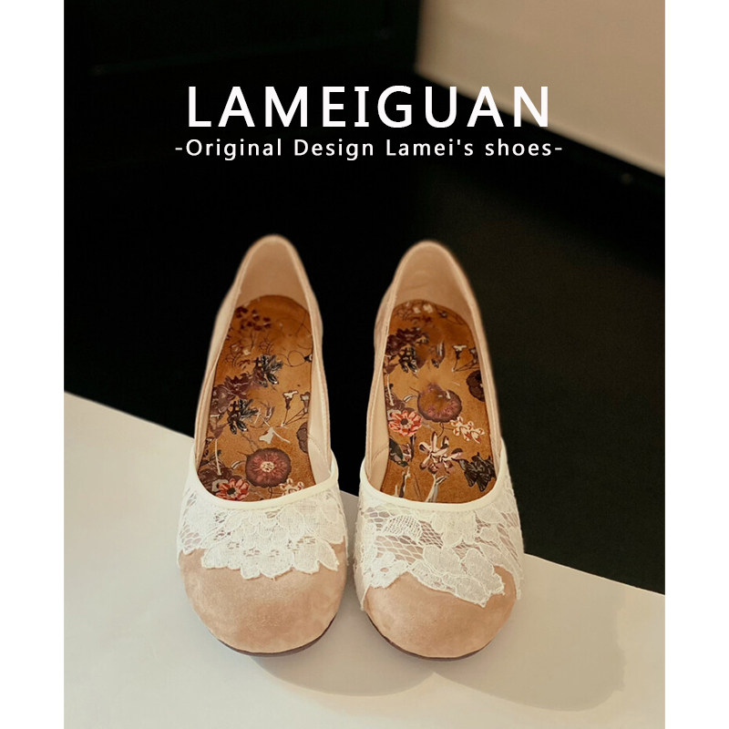 法式蕾丝边圆头高跟鞋女2026春季新款杏色复古浅口粗跟不累脚单鞋