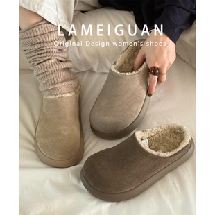 牛皮版！丑萌厚底毛毛包头拖女外穿2025秋冬新款复古真皮加绒棉鞋