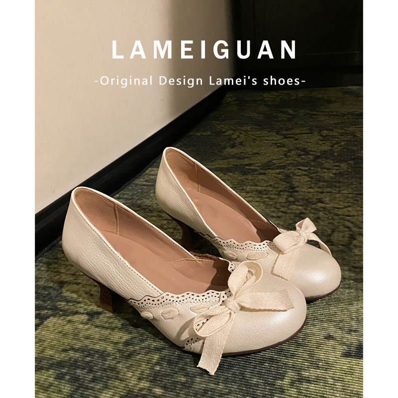 法式设计感蕾丝蝴蝶结白色高跟鞋女2026春季新款气质圆头粗跟单鞋