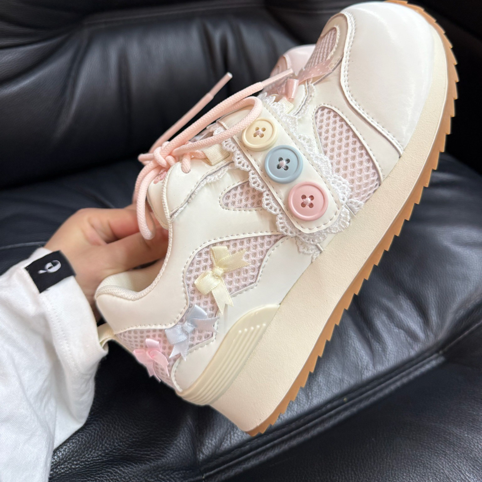 【现货】纽扣马卡龙运动鞋lo跑可爱跑鞋绵羊运动原创圆头萌系厚底