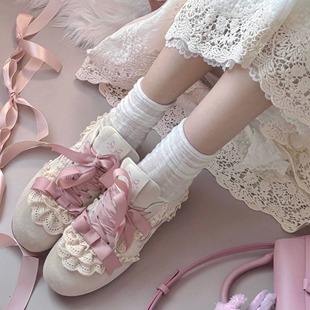 真皮少女德训鞋 蕾丝蛋糕lo跑绵羊运动原创正品 芭蕾风球鞋 现货