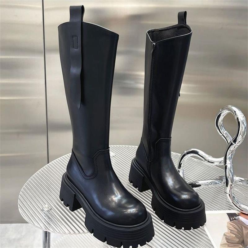 黑色长筒靴女2025秋冬季新款厚底增高显瘦英伦风小筒围高筒骑士靴
