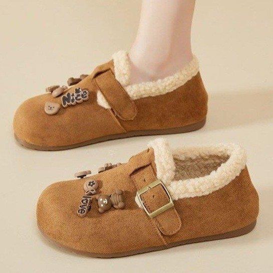 加绒保暖勃肯鞋女冬毛绒全包平底一脚蹬卡通扣带棉鞋配裙子毛毛鞋