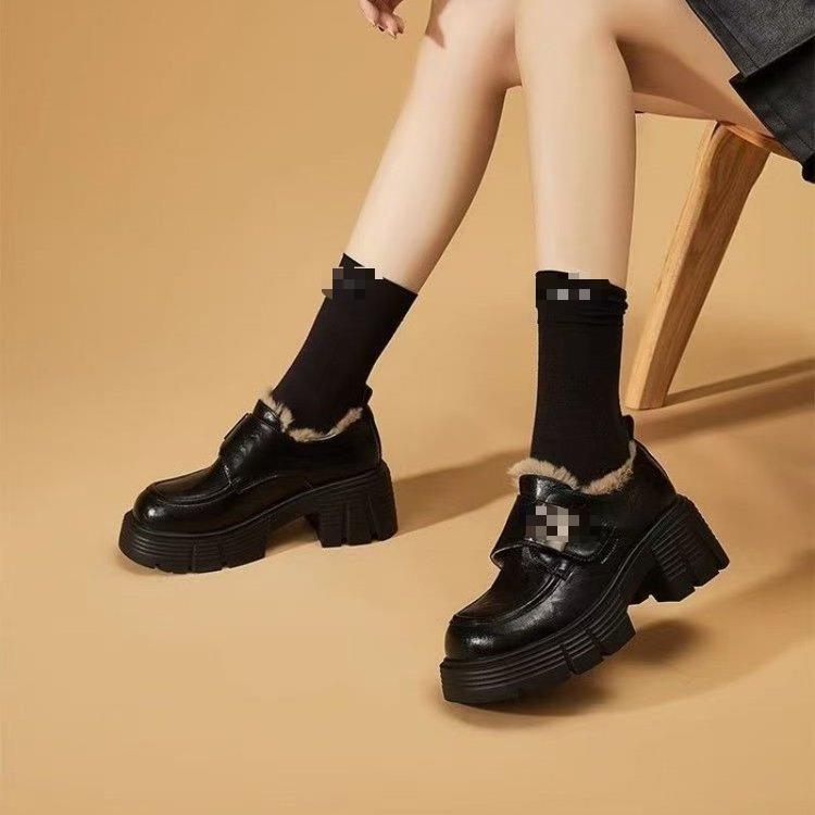 加绒小皮鞋女2025冬季新款英伦风厚底增高保暖乐福鞋粗跟棉鞋ins