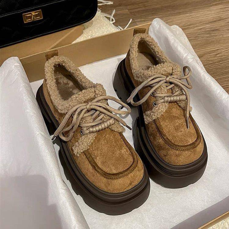 英伦风厚底小皮鞋女2025新款秋冬加绒复古百搭增高毛毛玛丽珍棉鞋