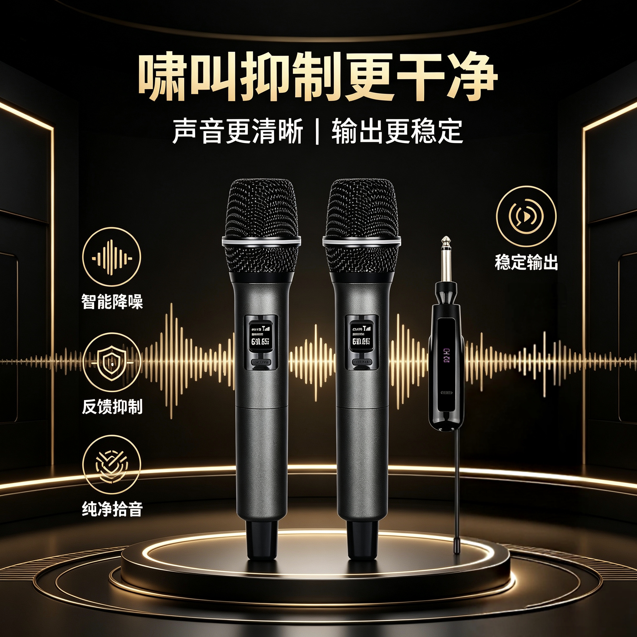 高端动圈无线麦克风舞台KTV家用话筒 会议声卡唱歌演讲万能一拖二