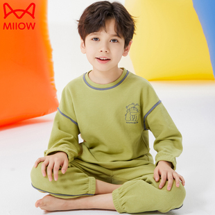 家居服套装 全棉夏季 中大童男孩春秋薄款 猫人儿童纯棉睡衣男童长袖