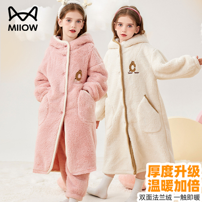猫人儿童睡袍加厚法兰绒秋冬