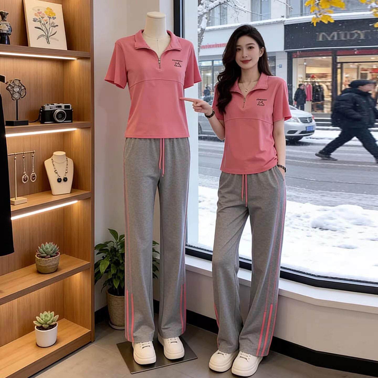 欧洲站休闲运动套装女2026新款夏季高级感显瘦翻领短袖上衣两件套