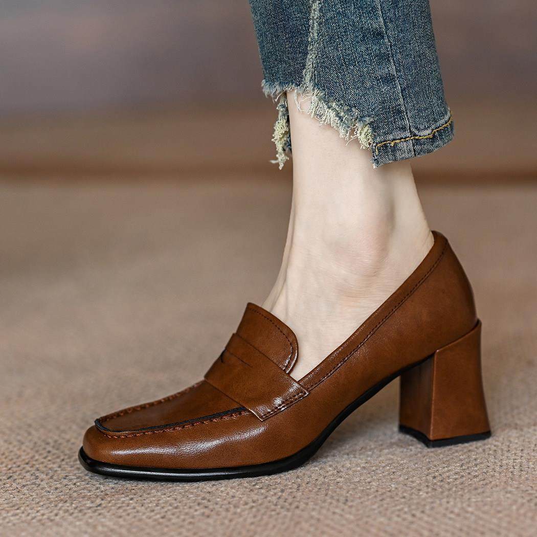 A.D Hepburn~英伦风小皮鞋女真皮粗跟高跟鞋复古方头高级感乐福鞋,女鞋,深口单鞋,淘宝优惠券,粉丝福利购,淘宝优惠卷