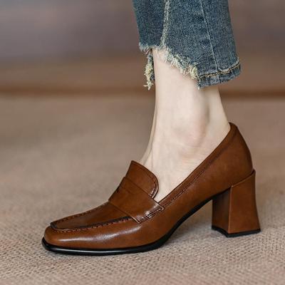 A.D Hepburn~英伦风小皮鞋女真皮粗跟高跟鞋复古方头高级感乐福鞋