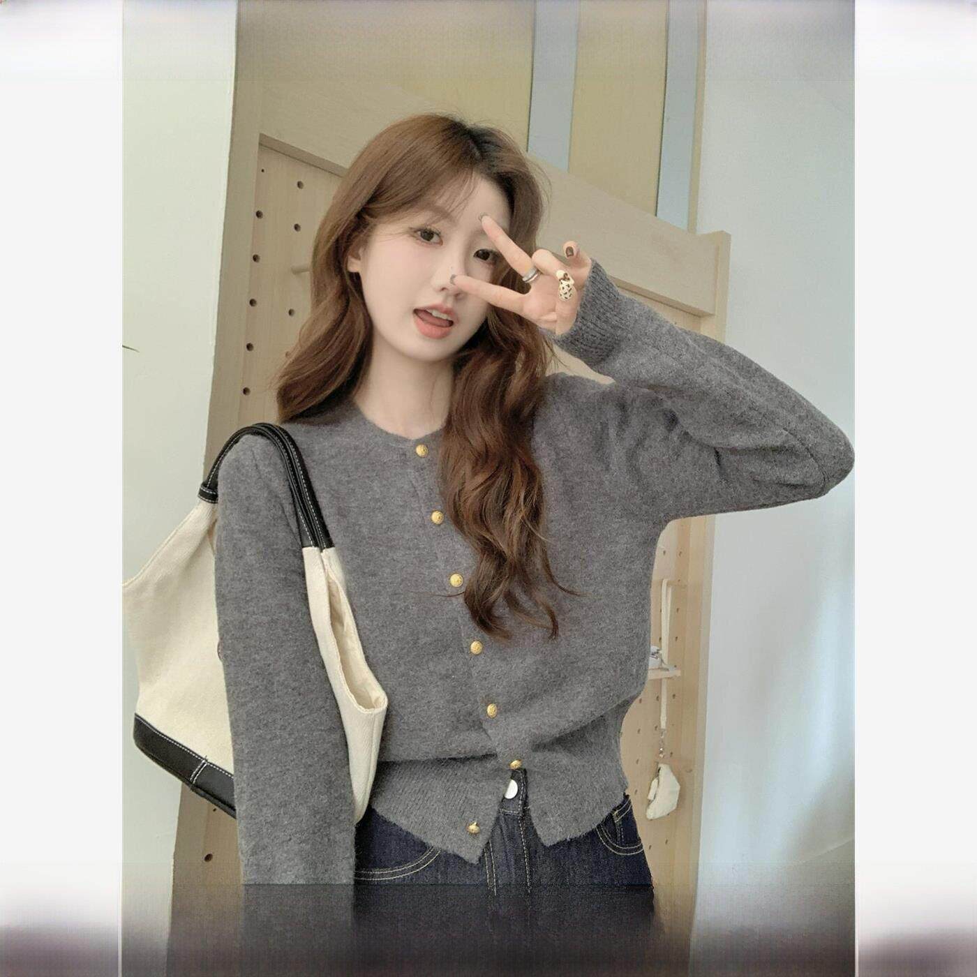 慵懒风羊毛针织开衫春季法式高级感长袖上衣女羊绒圆领单排扣外套