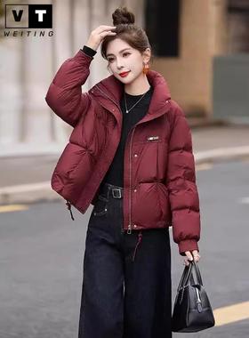 WEI TING红色短款羽绒服女2025冬季新款小个子宽松加厚立领面包服
