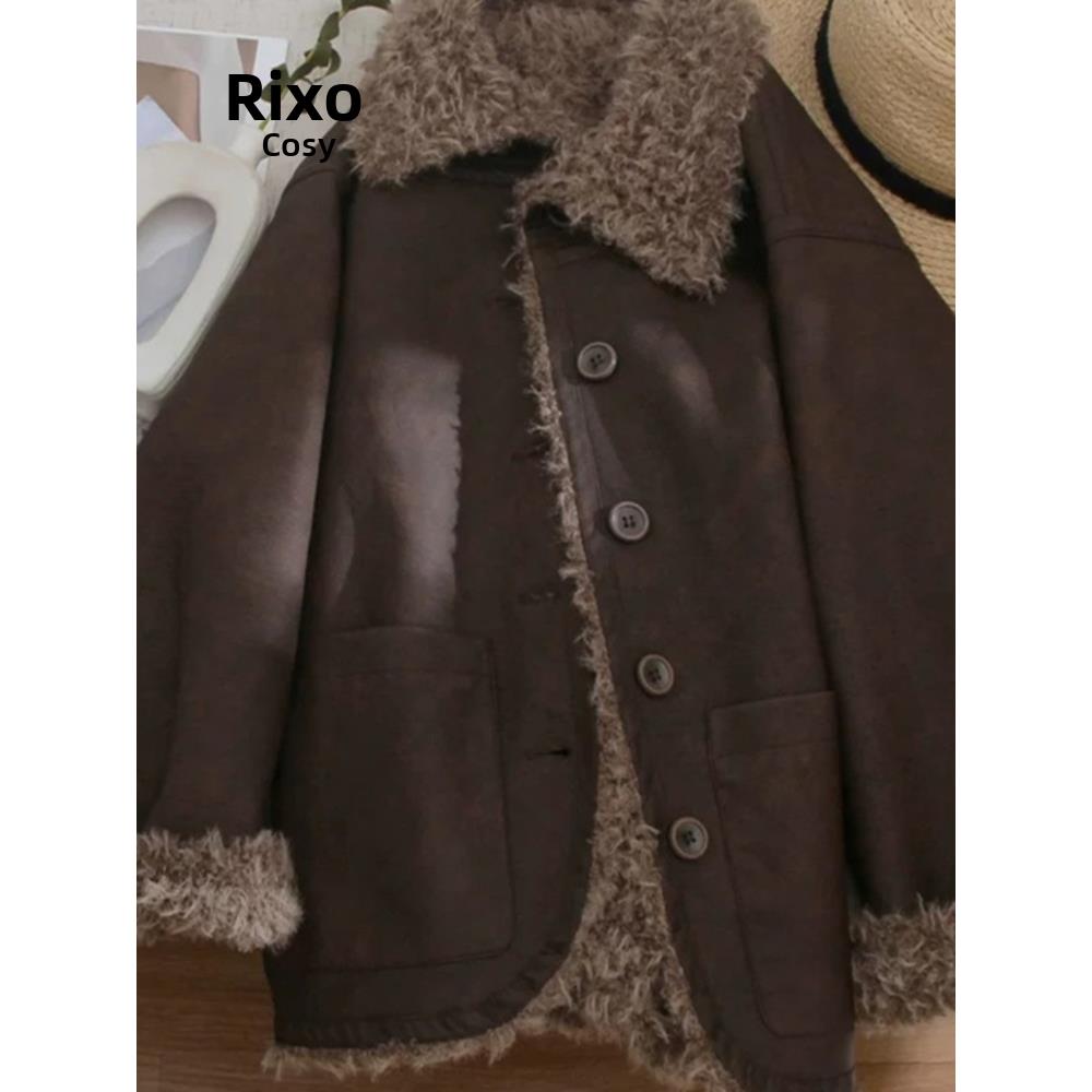 RIXO COSY深咖色两面穿羊羔毛外套韩系廓形皮毛一体加厚棉服