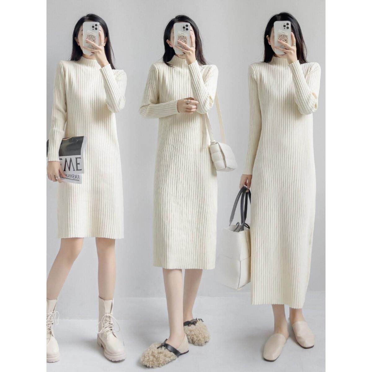 NextMary配大衣的毛衣裙女宽松长袖内搭中长款打底过膝针织连衣裙