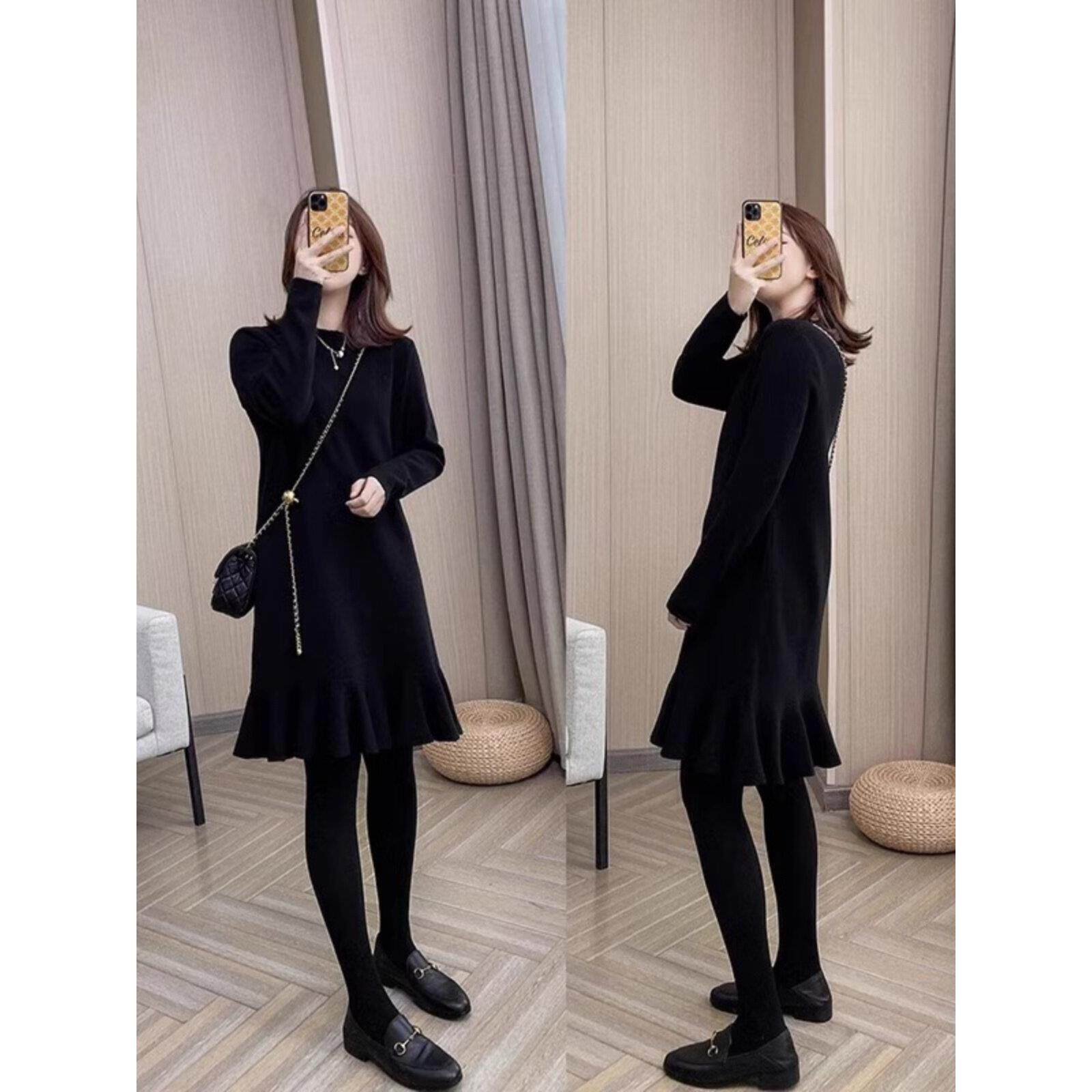 欧洲站秋冬新款法式别致小黑裙名媛气质高级感内搭打底针织连衣裙