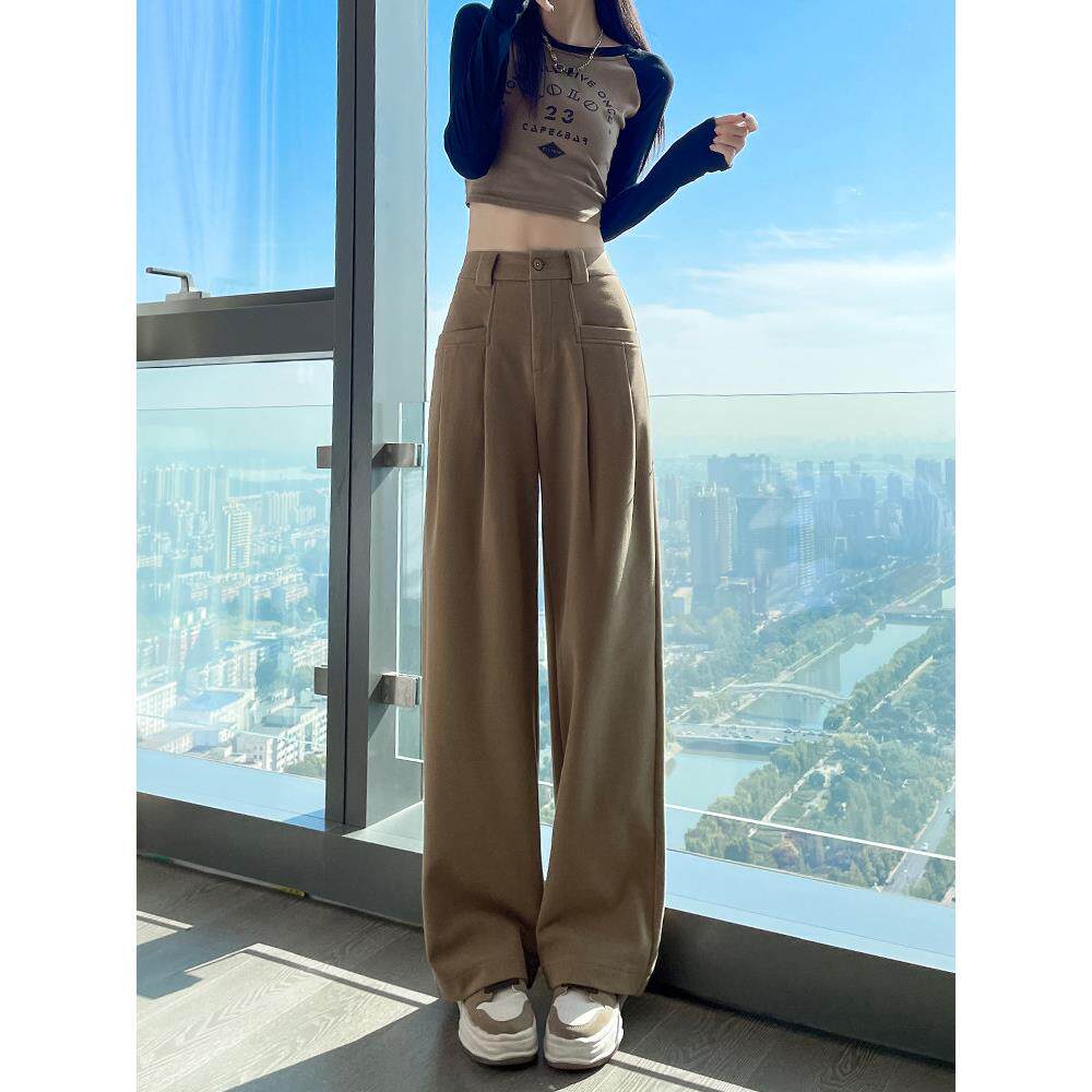 毛呢阔腿裤女秋冬加绒加厚2025年新款显瘦休闲直筒西装拖地裤子女