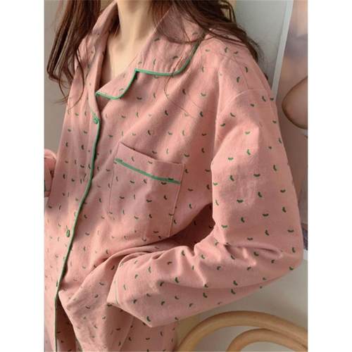 晨曦花姿！！Orange Sea！纯棉磨毛睡衣女秋冬碎花小翻领长袖套装